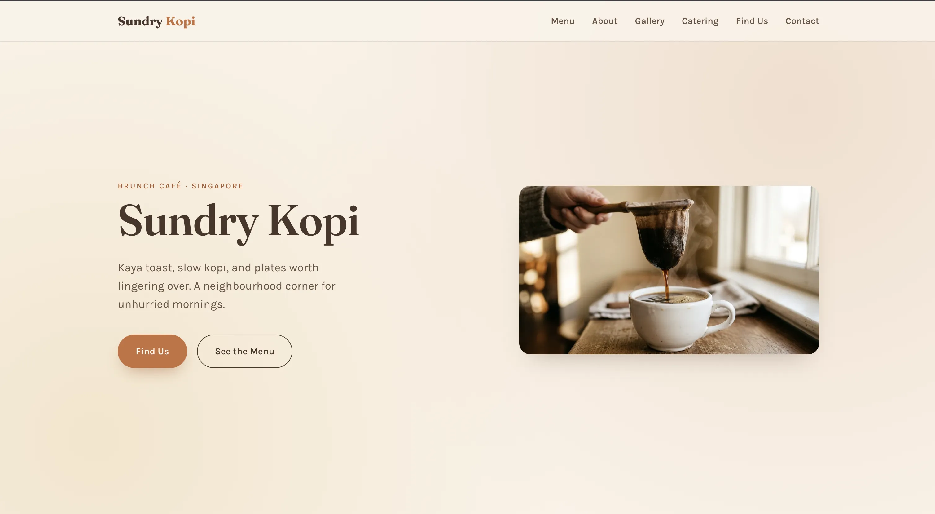 Sundry Kopi homepage, a warm brunch café website